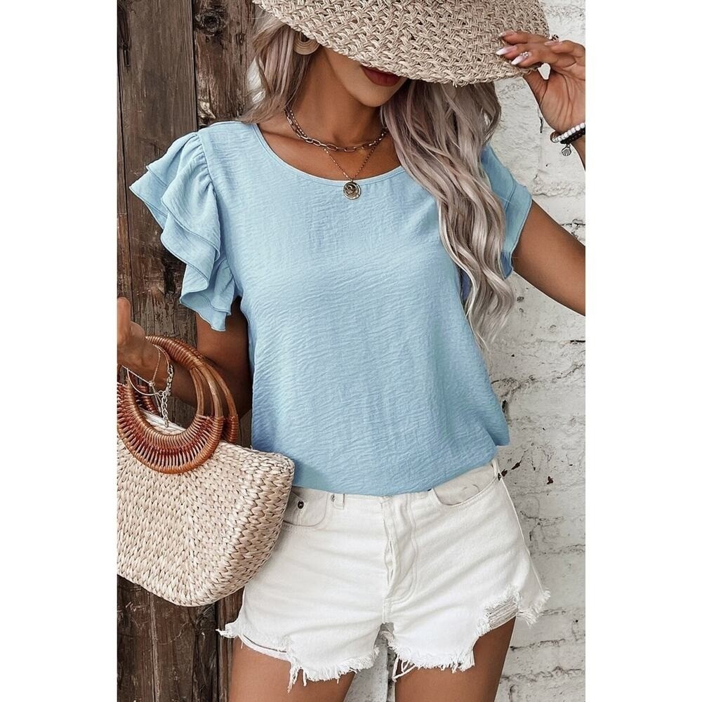 Mist Blue Ruffled Short Sleeve Top New Size Large - Picture 7 of 8